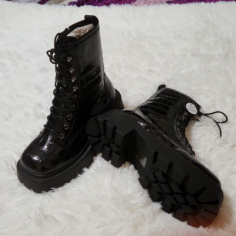 Brand new black chunky hiker boots in croc patent. Wide fit.